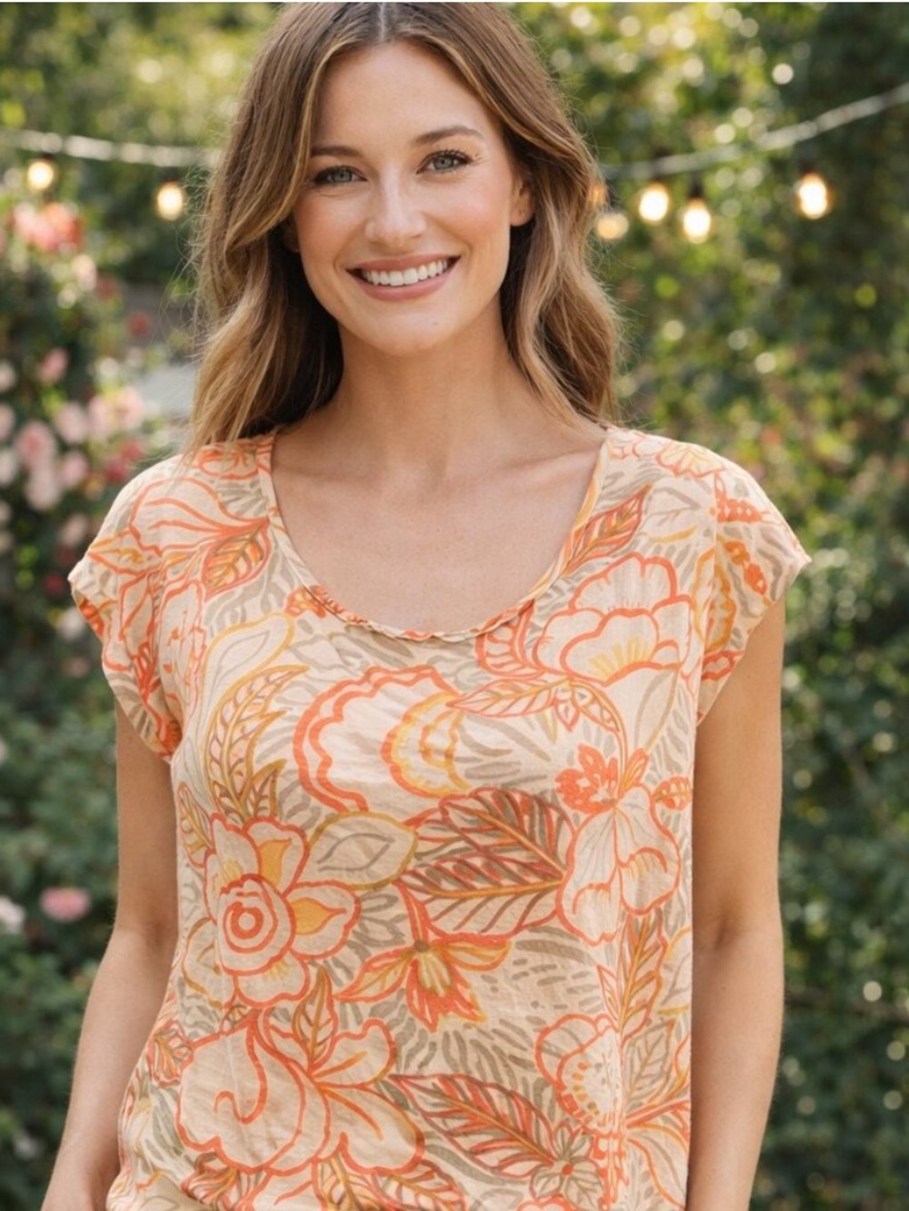LOFT 100% Linen Orange and Cream Floral Scoop Neck Short-Sleeve Top Large